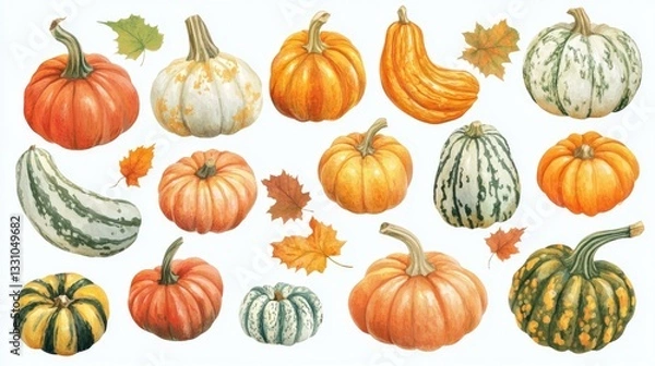 Fototapeta Set of simple autumn pumpkins, hand-drawn squash in warm natural fall colors isolated on white background