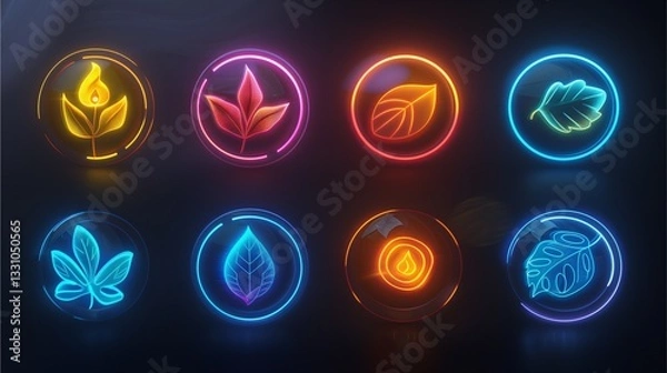 Fototapeta glowing neon leaves, A collection of vibrant and luminous neon-lit leaf icons, perfect for conveying concepts related to nature, design, and technology.