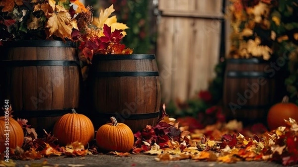 Fototapeta Thanksgiving fall autumn background or backdrop for photos with pumpkins, barrels, and colorful leaves
