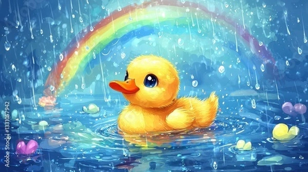 Fototapeta Cute yellow duckling swimming in a puddle vibrant rainbow playful scene nature's charm bright environment