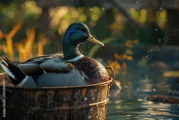 Fototapeta High Definition Image of Duck Sitting on Water in a Bucket at the Farm
