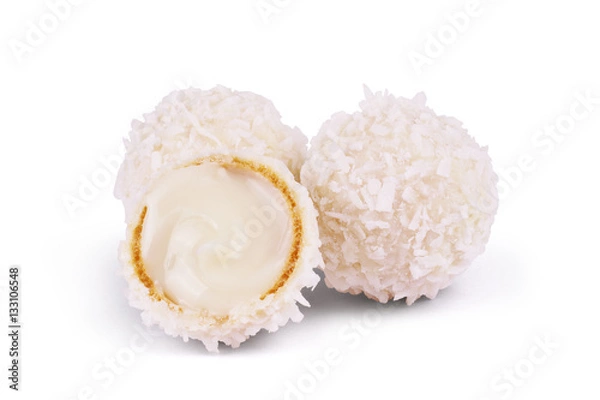Fototapeta White Chocolate Candy With Coconut Topping On White Background
