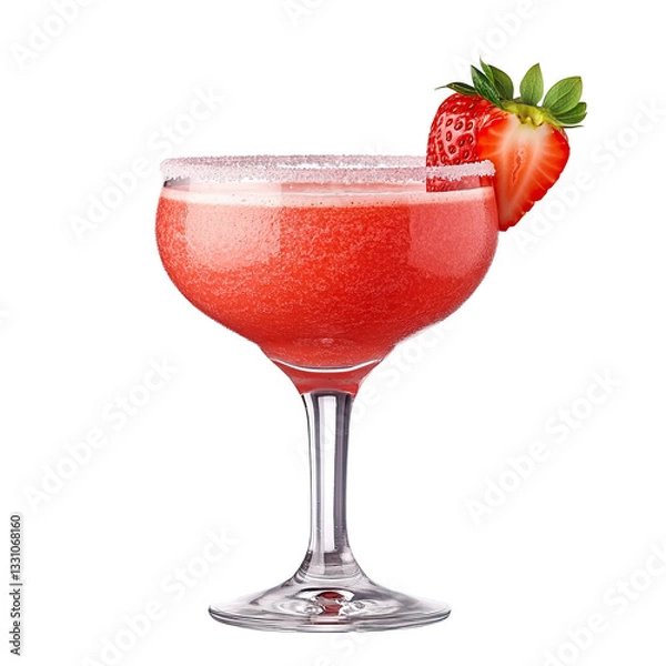 Fototapeta Strawberry frozen margarita in a glass on a white isolated background, showcasing a refreshing cocktail with crushed ice, vibrant red color, and a salted rim and beverage branding.