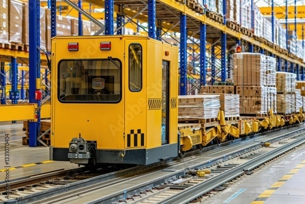 Obraz Autonomous electric vehicle transporting goods inside advanced smart warehouse. Automated logistics system improving supply chain efficiency with self-driving technology for streamlined material.
