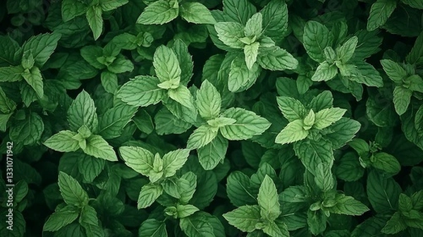 Obraz Lush Green Mint Leaves: A Vibrant Natural Texture AI Generated