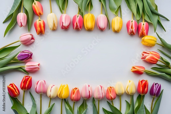 Fototapeta Colorful tulips in a floral arrangement placed in white background with large empty copyspace.