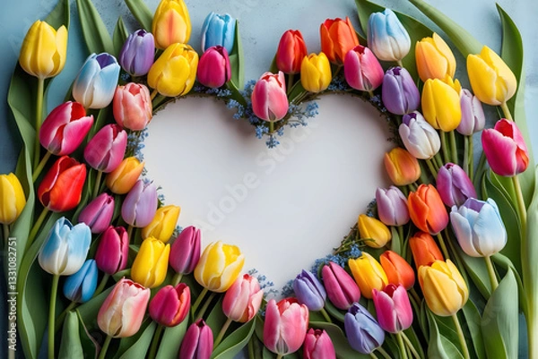 Fototapeta Colorful tulips in a floral arrangement as frame as Heart-shape.