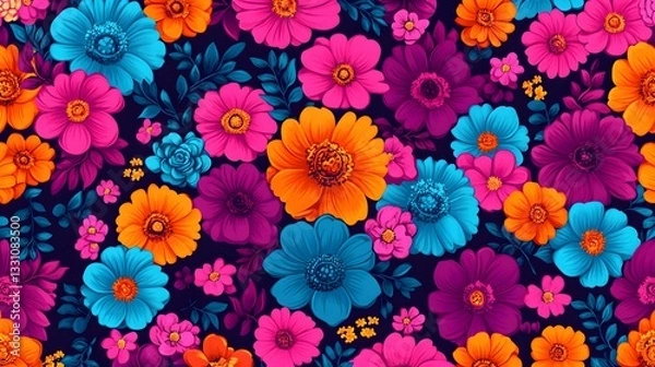 Obraz A colorful floral pattern depicts vibrant blossoms against darkness
