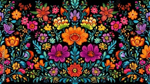 Obraz Symmetrical Floral Design Featuring Vivid Colors On Black Background