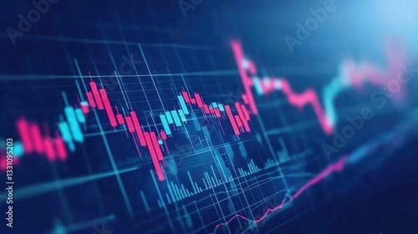 Fototapeta Abstract Financial Data Visualization Pink and Teal Stock Market Chart on Dark Blue Digital Screen