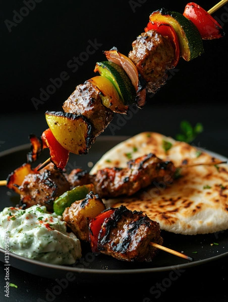 Fototapeta Grilled Lamb Kofta Skewers with Tzatziki Sauce and Pita Bread