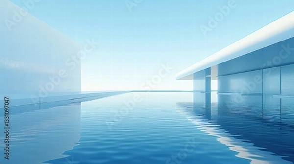 Fototapeta Serene Minimalist Architecture with Calm Water Reflection at Dusk