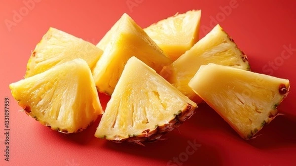 Fototapeta Fresh Pineapple Slices on Vibrant Red Background for Culinary Use