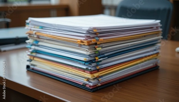 Fototapeta Stacked Documents with Colorful Paper Clips on a Wooden Desk