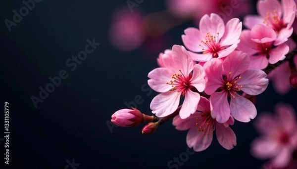 Fototapeta stunning pink cherry blossom clusters on a dark background, spring, foliage, nature