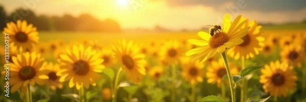 Fototapeta Sun-kissed daisies dance with yellow and orange hues, fields, sunflowers, bees