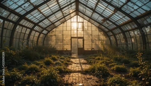 Fototapeta Serene Abandoned Greenhouse with Sunlight Streaming Through Glass