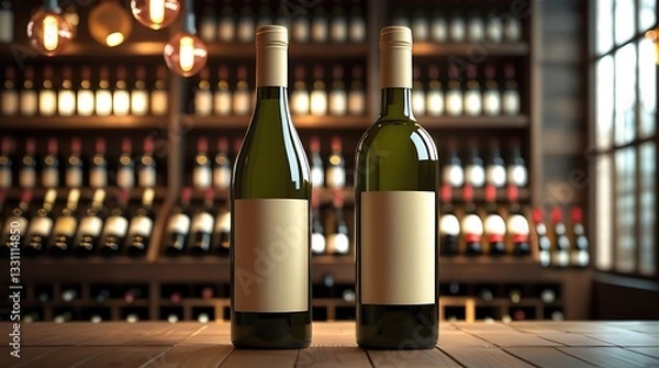 Fototapeta Two elegant wine bottles with blank labels placed on a wooden table in a stylish wine shop, warm lighting creating a luxurious and sophisticated atmosphere, perfect for branding mockups
