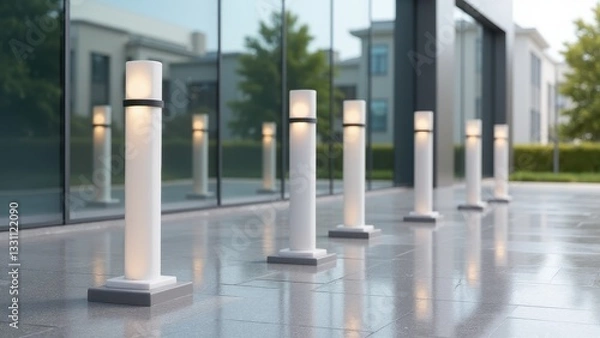 Fototapeta Illuminated parking bollards line a modern building's exterior, reflecting on the polished surface.