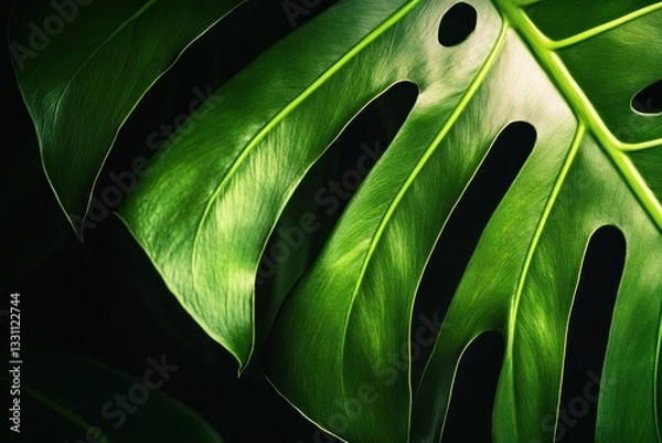Fototapeta A close-up of a single Monstera leaf with deep cuts and holes.