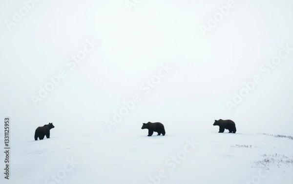 Fototapeta Three Brown Bears In Snowy Landscape With Foggy White Sky