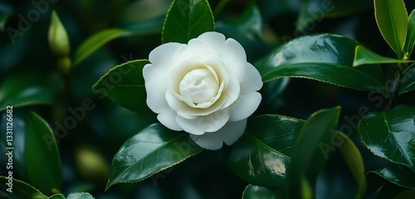 Obraz A single red hibiscus flower against a blurred tropical background of greenery. 