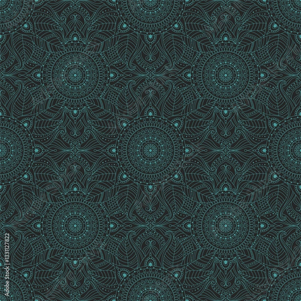 Fototapeta Ethnic seamless pattern in dark color palette with green floral and abstract patterns on black background. Mystical, sacred, natural motifs and abstract ornaments.