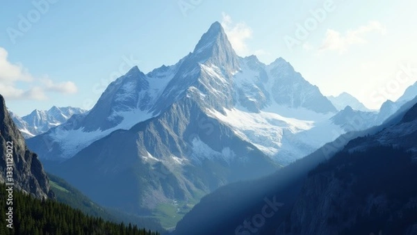 Fototapeta Rising Wolf Mountain stands majestically with its snow-capped peak and rugged terrain, surrounded by lush green valleys and other mountain ranges.