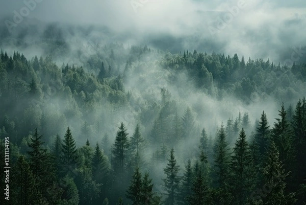 Fototapeta Vibrant Color Visual of Beautiful Shot of Fog Covering Pine Trees