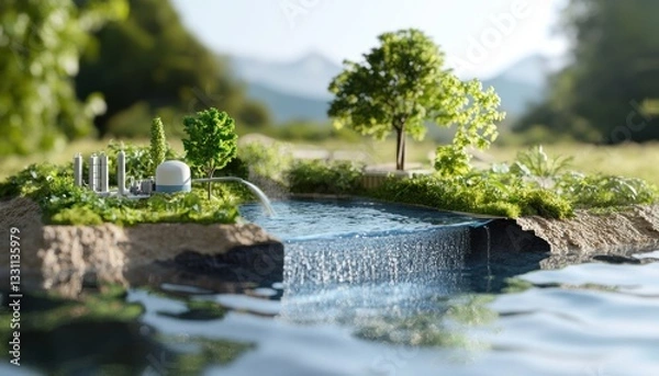 Obraz Sustainability framework for water resource management natural landscape 3d model eco-friendly environment aerial view