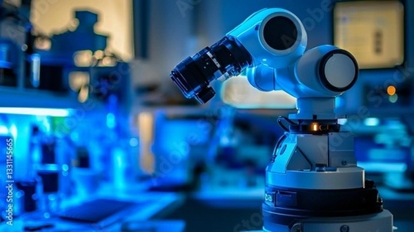 Fototapeta Robotic arm in a modern laboratory setting, illuminated with blue light.