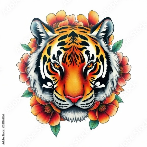 Fototapeta Tiger with Floral Adornment: A majestic tiger portrait encircled by vibrant, stylized flowers, creating a striking contrast and showcasing the tiger's power and beauty