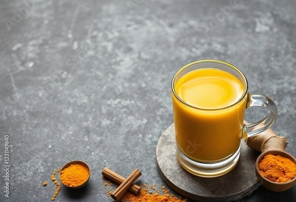 Obraz Golden Turmeric Latte Drink in Glass Mug with Spices on Grey Background