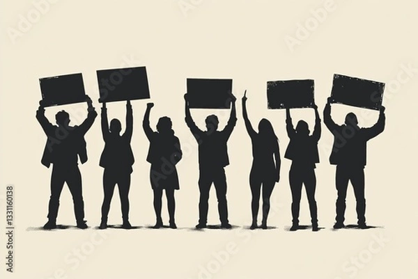 Fototapeta several people silhouette figures in protest, standing with their arms raised in defiance, clenched fists, or holding protest signs