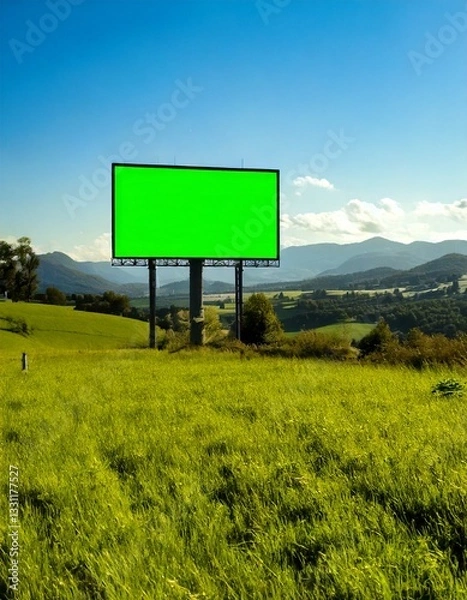 Fototapeta Large Countryside Billboard Standing Alone with a Green Screen for Custom Advertisements
