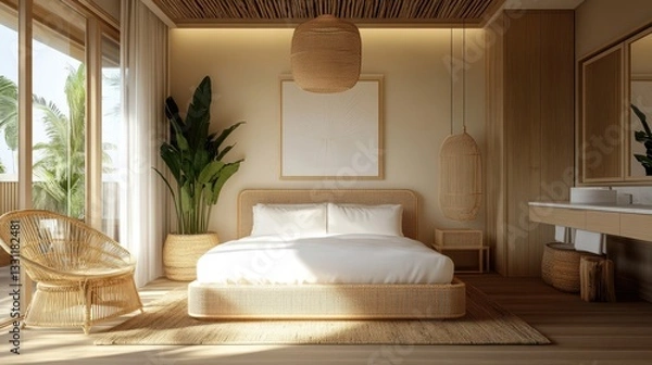 Fototapeta Bright and airy bedroom with natural materials and tropical decor