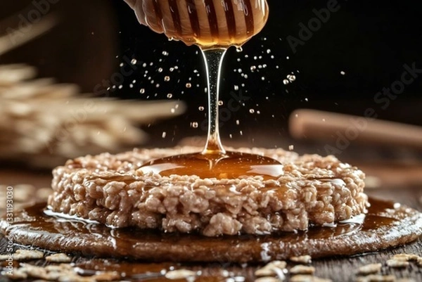 Fototapeta Sweet Honey Dripping Over Crispy Rice Cake with Oats and Syrup