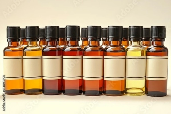 Fototapeta Variety of Essential Oil Bottles Displayed on Neutral Background