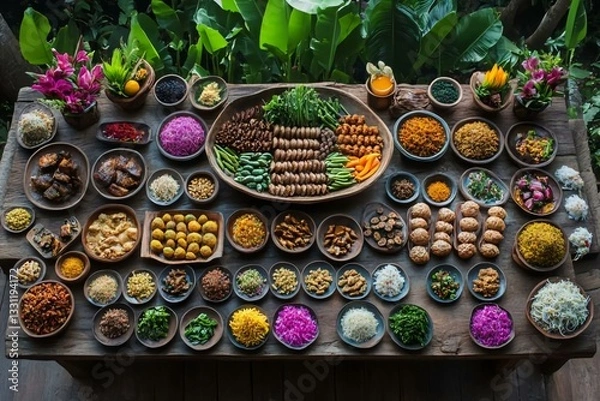 Fototapeta Vibrant Display of Diverse Tropical Fruits and Colorful Dishes