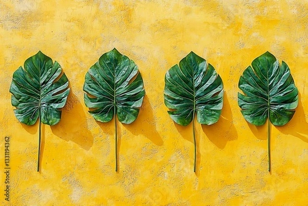 Fototapeta Vibrant Green Tropical Leaves Against Bold Yellow Wall Background