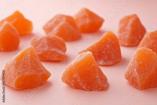 Fototapeta Vibrant Orange Candied Fruit Chunks Displayed on Soft Pink Background