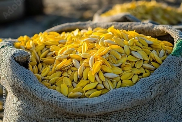 Fototapeta Vibrant Yellow Seeds in a Burlap Sack at a Marketplace