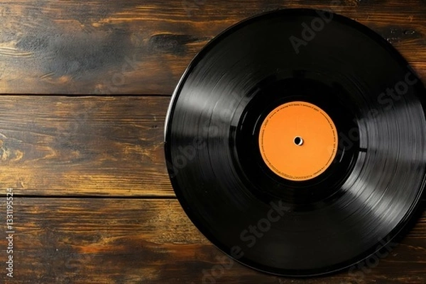 Fototapeta Vintage Vinyl Record on Rustic Wooden Surface with Warm Tones