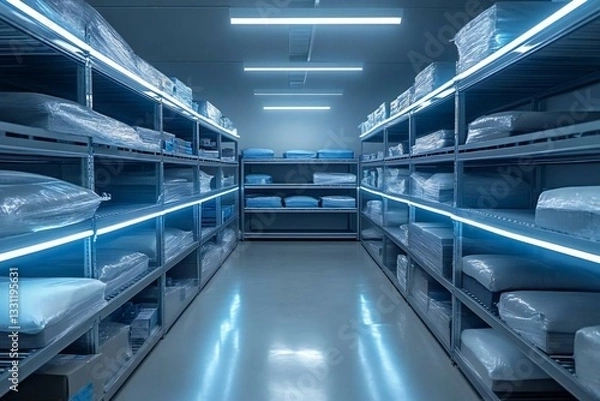 Fototapeta Warehouse Shelves with Neatly Stacked Bedding and Soft Textiles