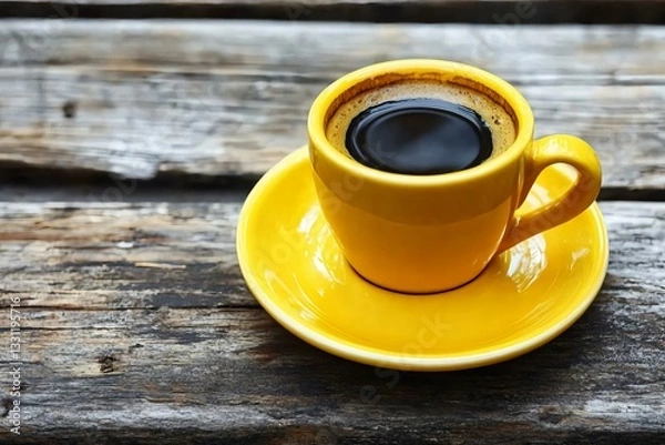 Fototapeta Warm Coffee in Yellow Cup on Rustic Wooden Table Background