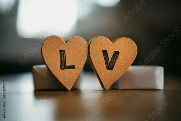 Fototapeta Wooden Heart Shapes with Letters L and V on a Soft Background