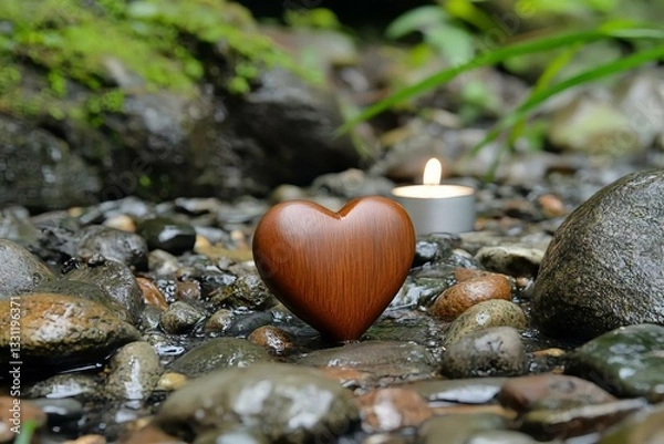 Fototapeta Wooden Heart Symbol on River Stones with Soft Candle Light