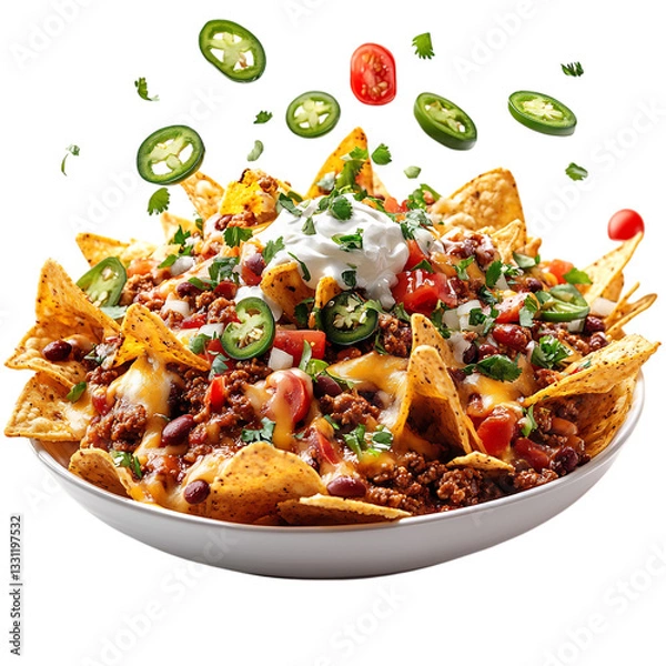 Fototapeta Loaded Chili Cheese Nachos Platter with Jalapenos Isolated on Transparent Background