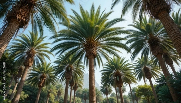 Fototapeta With their tall trunks, copious fronds, and alluring sense of a tropical paradise, gigantic palm trees elegantly showcase their natural beauty and elegance to improve the surrounding environment.