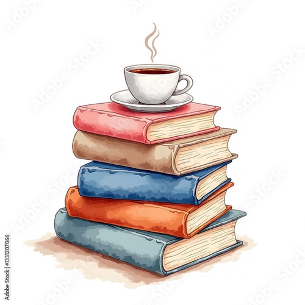 Fototapeta watercolor clipart of a stack books with a steaming mug, isolated on a white background. books vector.